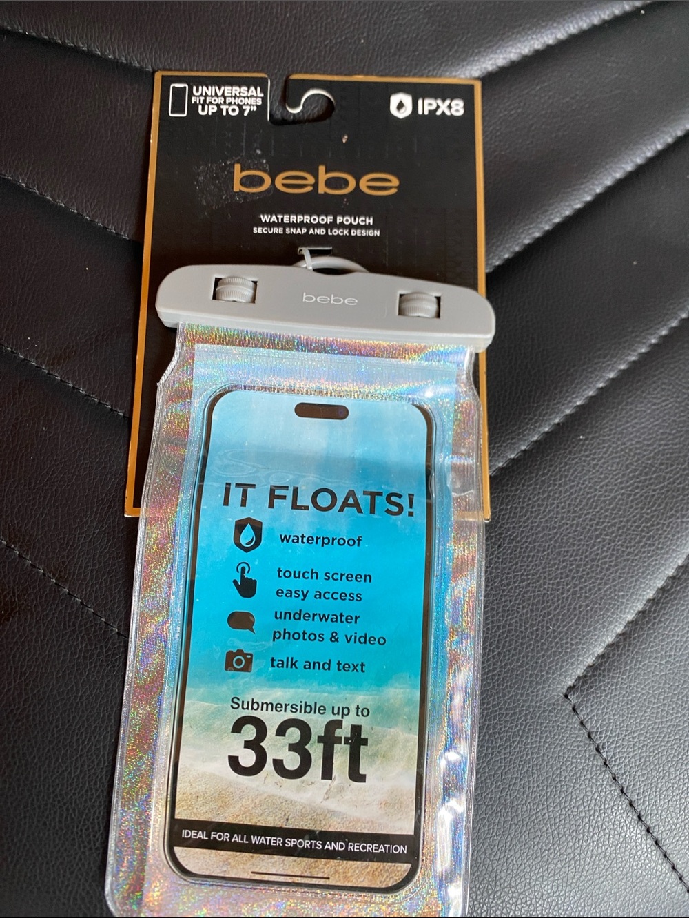 bebe Holographic Iridescent Waterproof Floating Phone Pouch with Gray Clamp